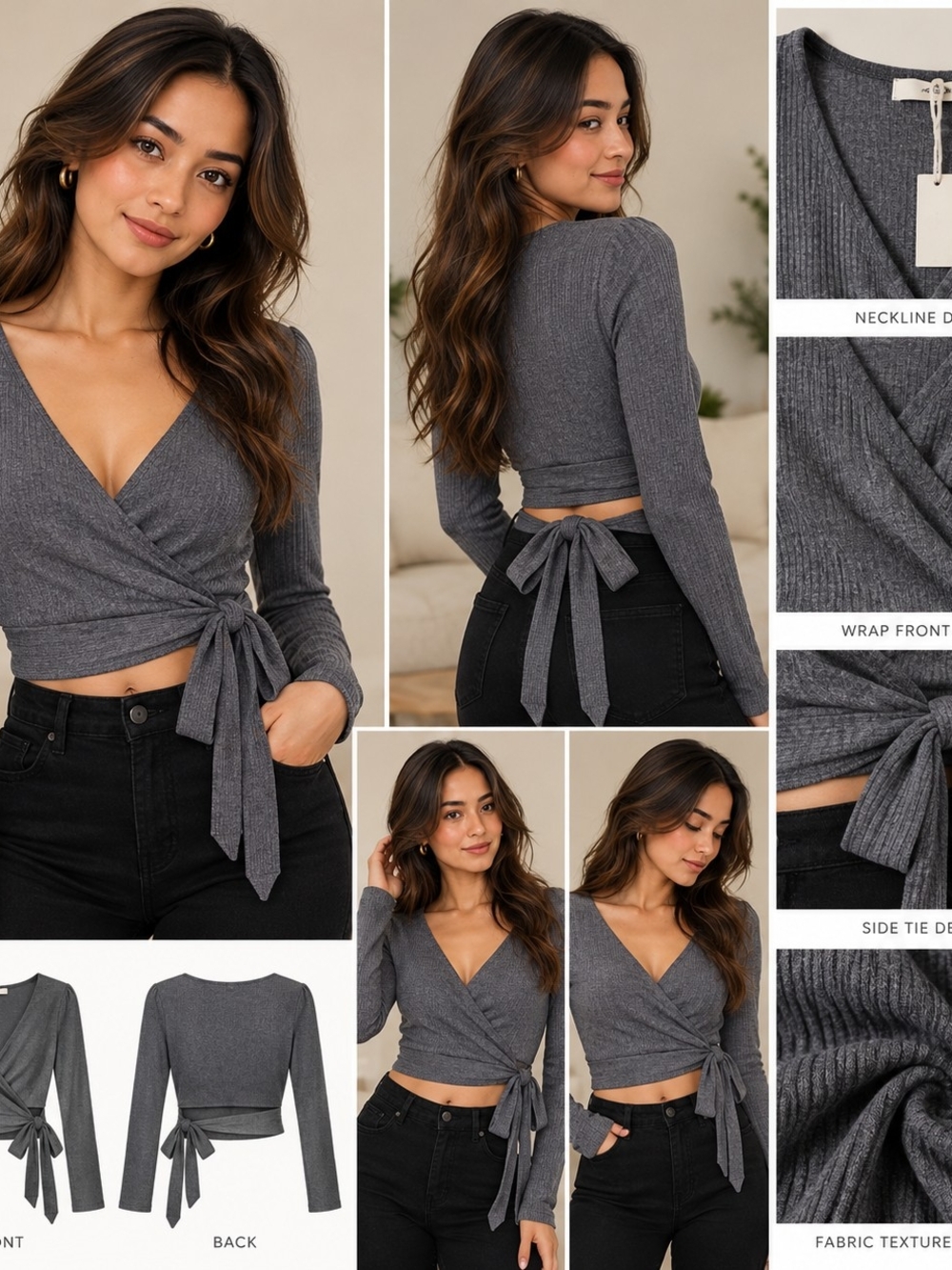Mystree Charcoal Gray Ribbed Wrap Tie Crop Top